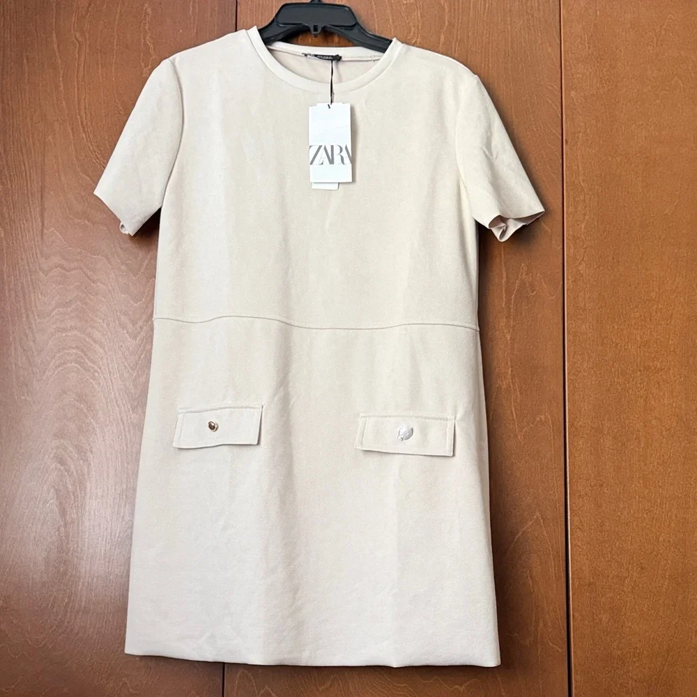 Zara Beige Faux Suede Short Sleeve Pullover Dress NWT Sz Med Ret $35.90 Raw Hems - Picture 2 of 10